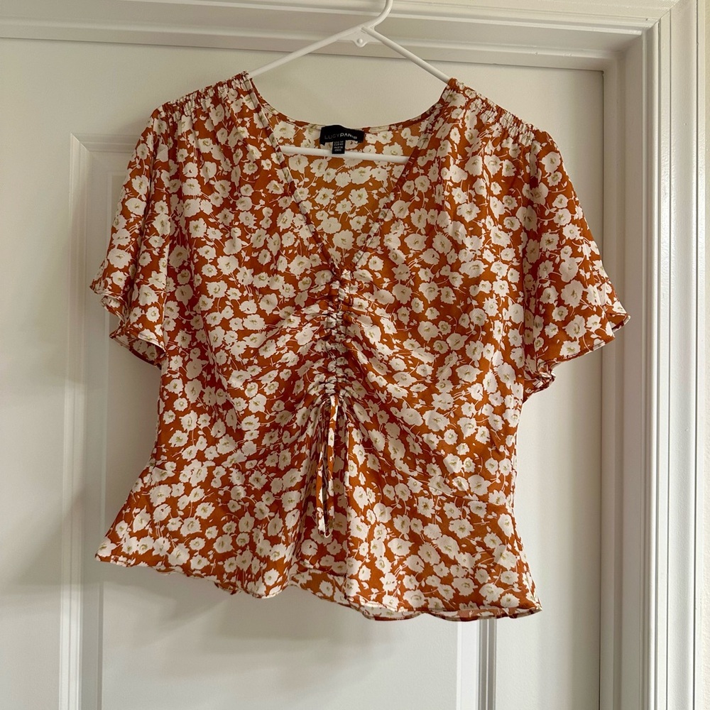 Floral Ruched Women's Top - Orange and White